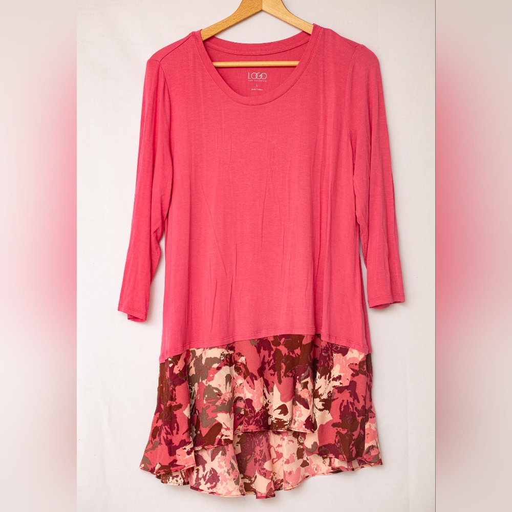 LOGO by Lori Goldstein Top Hot Pink With Floral Motif Ruffle At Hem L